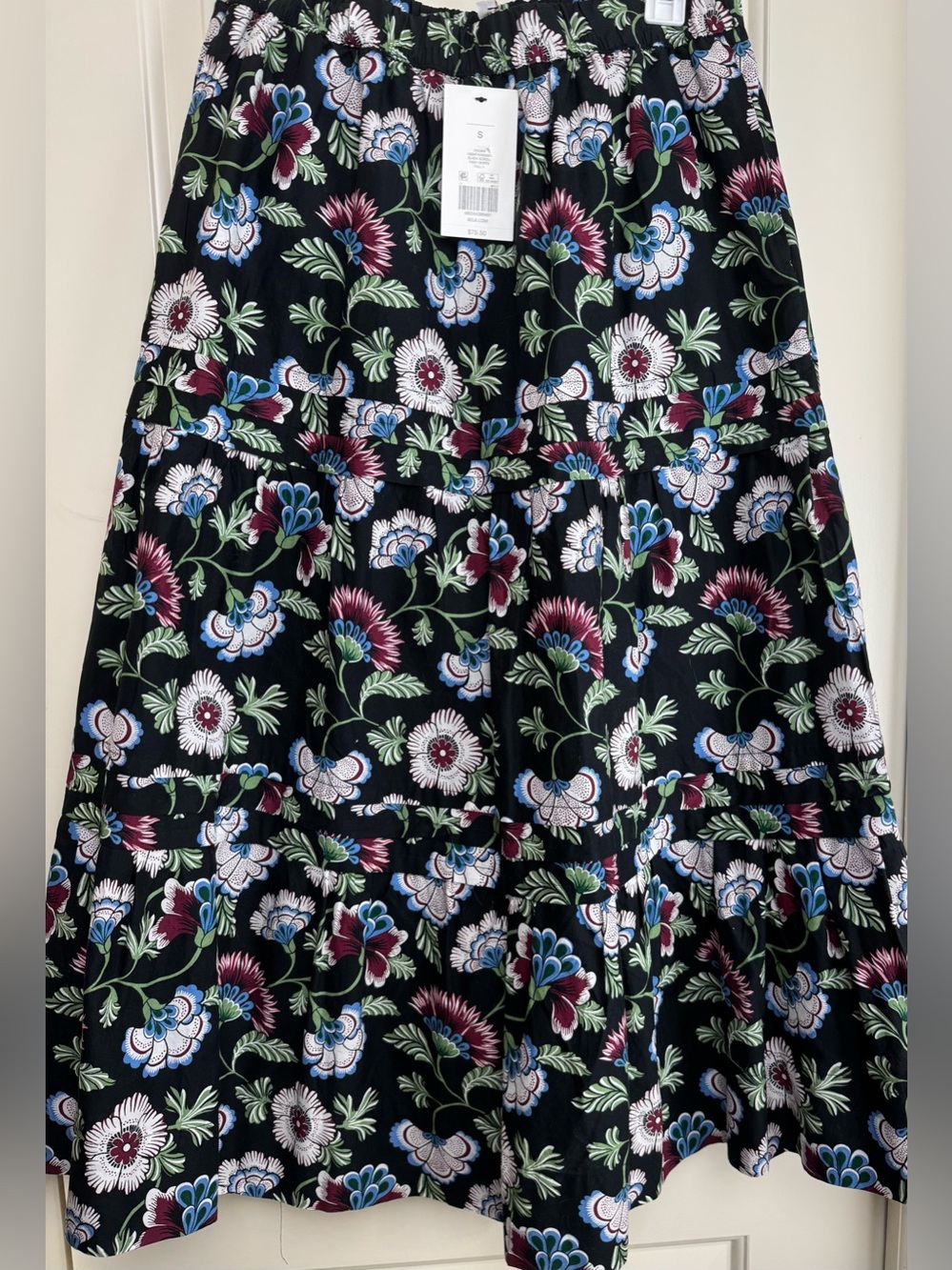 NWT Crown & Ivy Black Floral Tiered Cotton Midi Skirt Size S Pockets